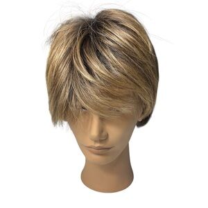 Brown with blonde highlights pixie cut with feathered wispy bangs synthetic wig